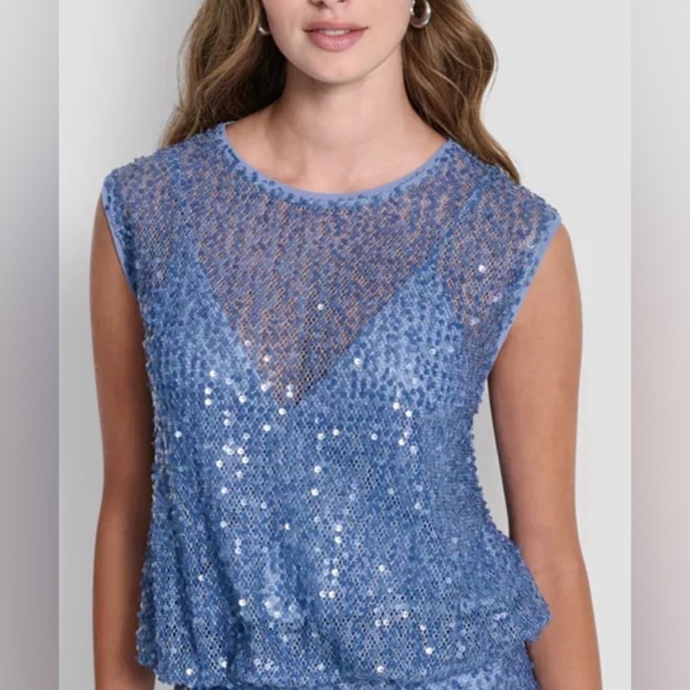 DKNY Blue Sequin Mesh Sleeveless Top